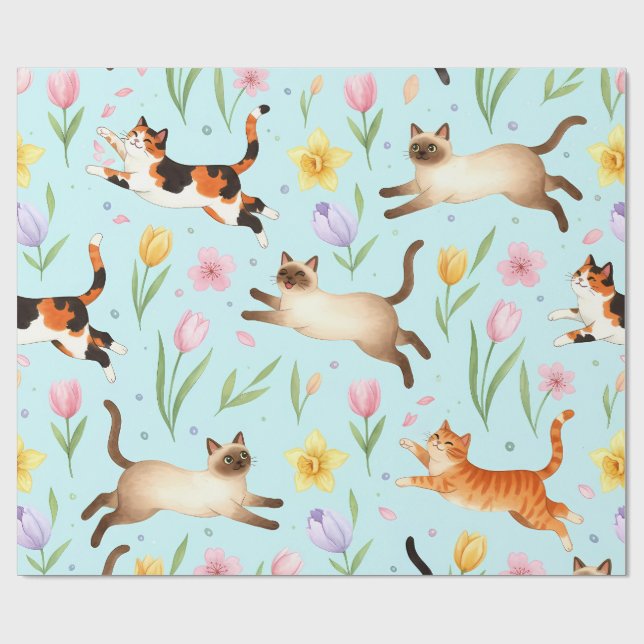 Papel De Presente Desfile de Gatos da Primavera – Felinos Saltitante (Aberto)