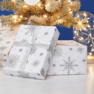 Papel De Presente Design Branco Silver Snowflakes