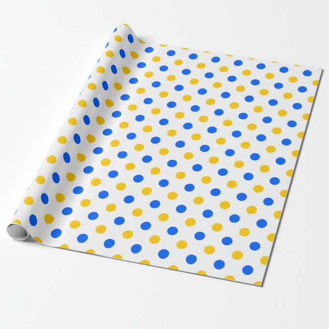Papel De Presente Design com Pontos Polka Amarelos e Azuis Brancos  (Desenrolado)
