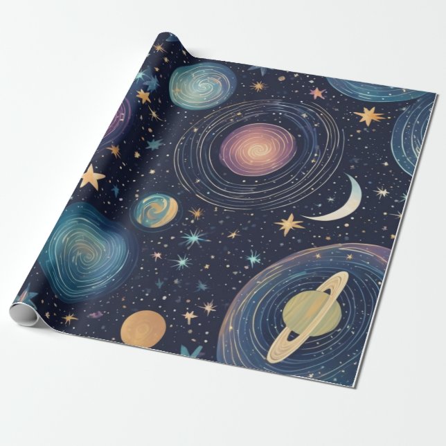 Papel De Presente design cósmico com galáxias giratórias (Desenrolado)