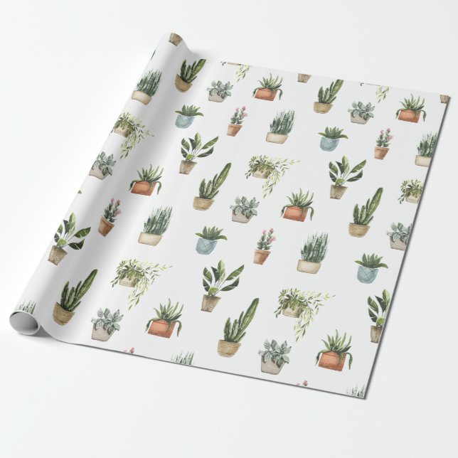 Papel De Presente design de aquarela de plantas com vasos (Desenrolado)