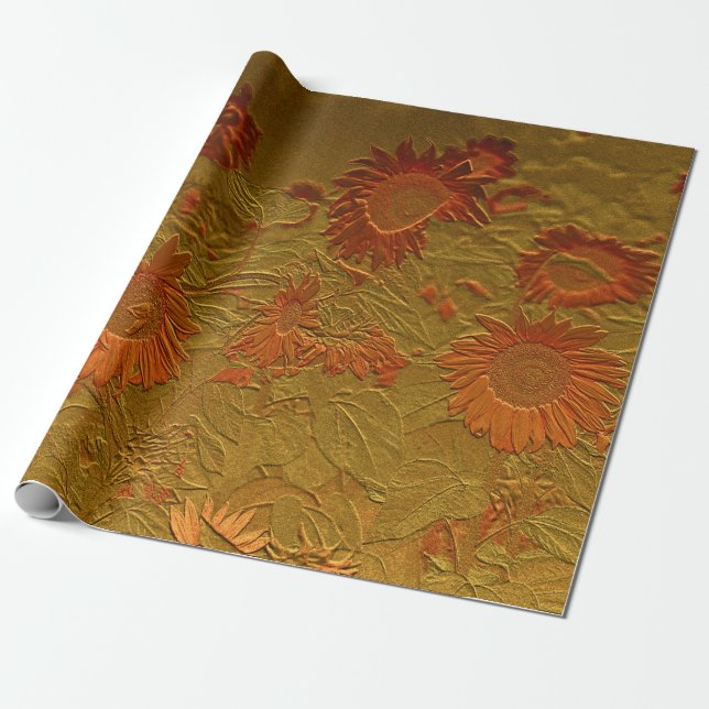 Papel De Presente Design de Arte Floral Dourada de Girassol (Desenrolado)