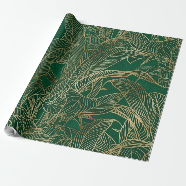 Papel De Presente Design de Botânica da Dourada Folhagem Verde Moder (Desenrolado)