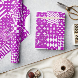 Papel De Presente Design de Correção de Padrões Mistos Brancos Roxos