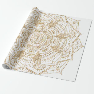 Papel De Presente Design de Desenho de Mão de Mandala Branco e Doura