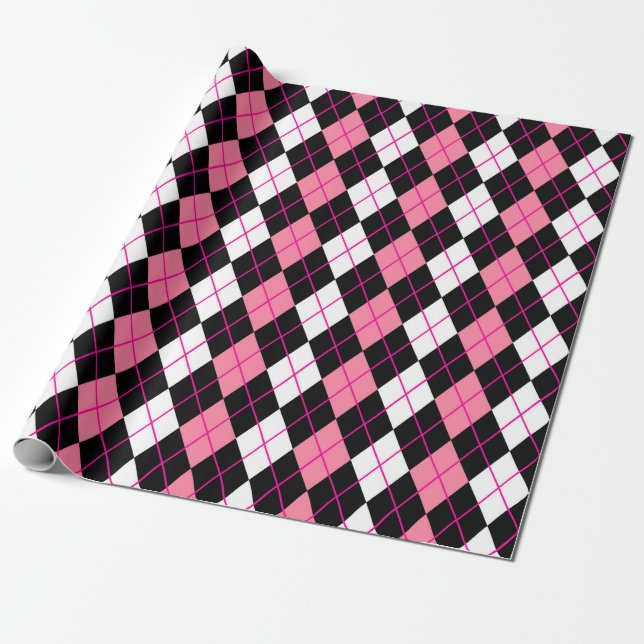 Papel De Presente Design de Diamante de Argyle Branco-Rosa (Desenrolado)