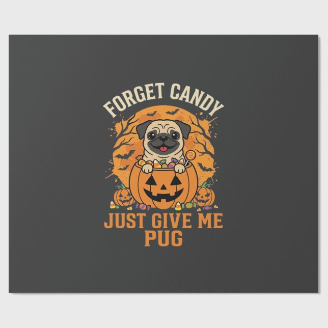 Papel De Presente Design de Doces de Halloween Engraçado Pug_1 (Aberto)