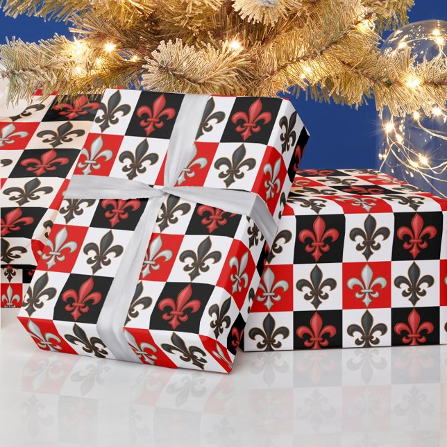 Papel De Presente Design de Fleur-de-lis, branco-preto-vermelho (Criador carregado)