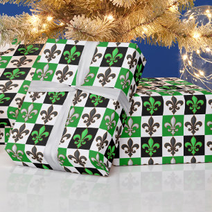 Papel De Presente Design de Fleur-de-lis, branco-verde, com verifica