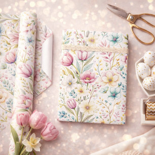 Papel De Presente Design de Flores de Páscoa Botânicas Suaves