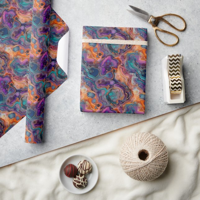 Papel De Presente Design de fluidos com Rich Purples, Laranjas e Blu (Artesanato)