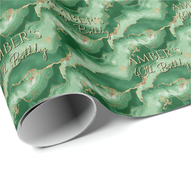 Papel De Presente Design de Mármore Abstrato em Dourado Verde Esmera (Ponta do rolo)