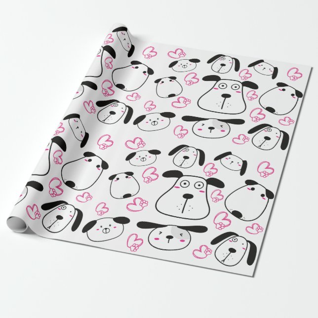 Papel De Presente Design de Padrão Atingido por Cachorro Adorável (Desenrolado)