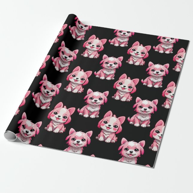 Papel De Presente Design de Padrão de Cachorro Rosa - Preto (Desenrolado)