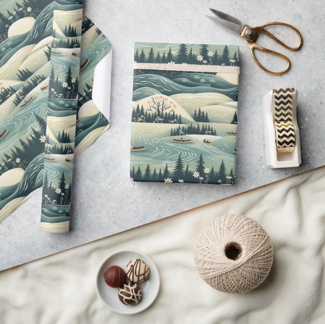 Papel De Presente Design de Padrão de Difusão Canoeira e Fluxo Fluvi (Artesanato)