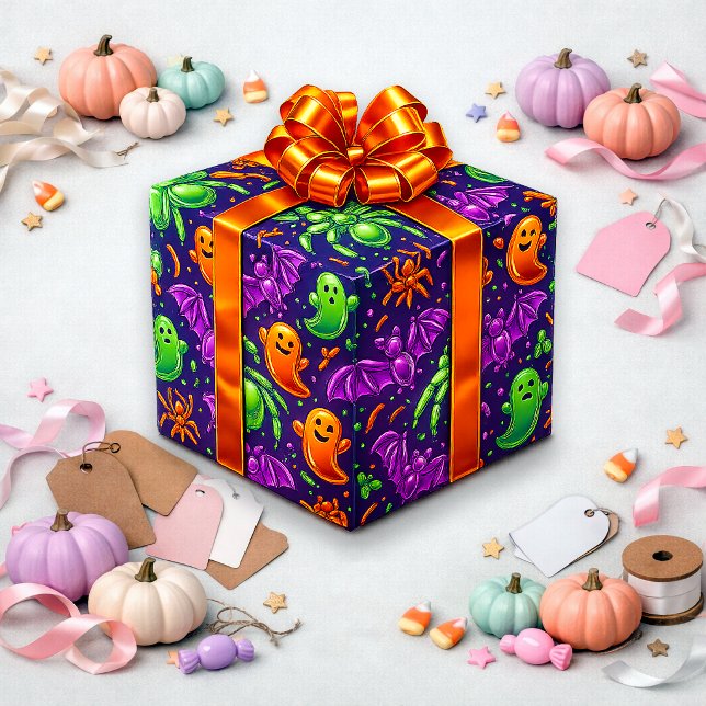 Papel De Presente Design de padrão de fantasma de Halloween Neon div (Criador carregado)