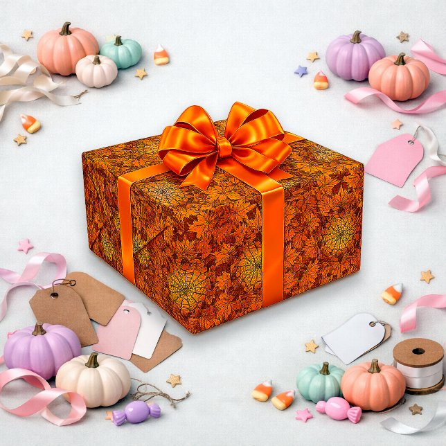 Papel De Presente Design de Padrão de Folha de Outono de Halloween (Criador carregado)