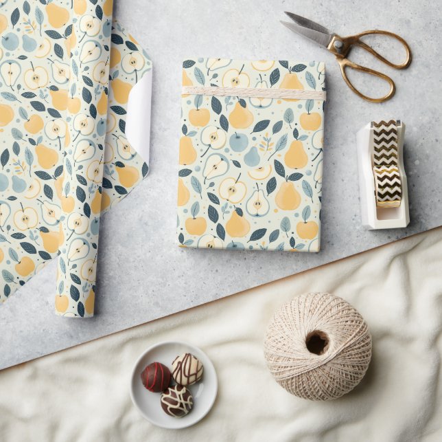 Papel De Presente Design de padrão de frutas e folhas com pera amare (Artesanato)