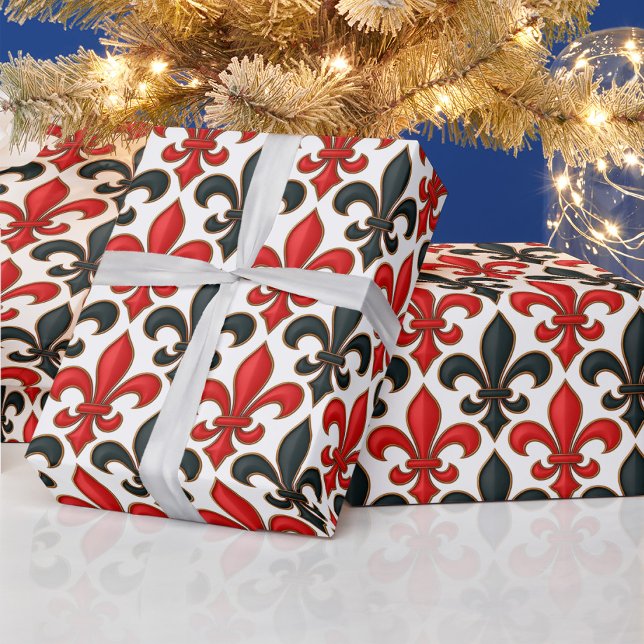 Papel De Presente Design de padrão do Red Black Barroco Fleur-de-lis (Criador carregado)
