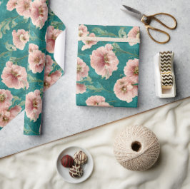 Papel De Presente Design de Padrão Floral Teal, Rosa Vintage