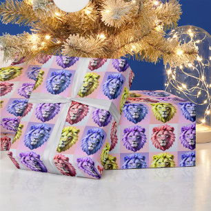 Papel De Presente Design de padrão xadrez com cabeça de leão em core