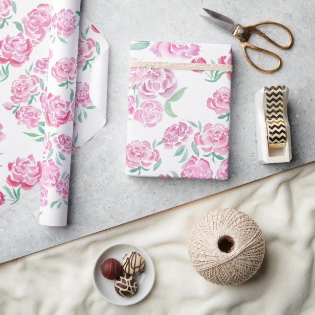 Papel De Presente Design de Peônias Rosa em Aquarela (Artesanato)