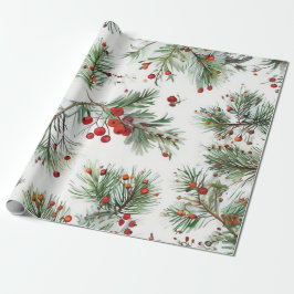 Papel De Presente Design de pinheiro vermelho de Natal e Berries