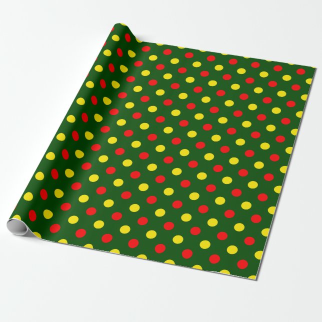 Papel De Presente Design de Pontos Polka Amarelos e Vermelhos em Ver (Desenrolado)