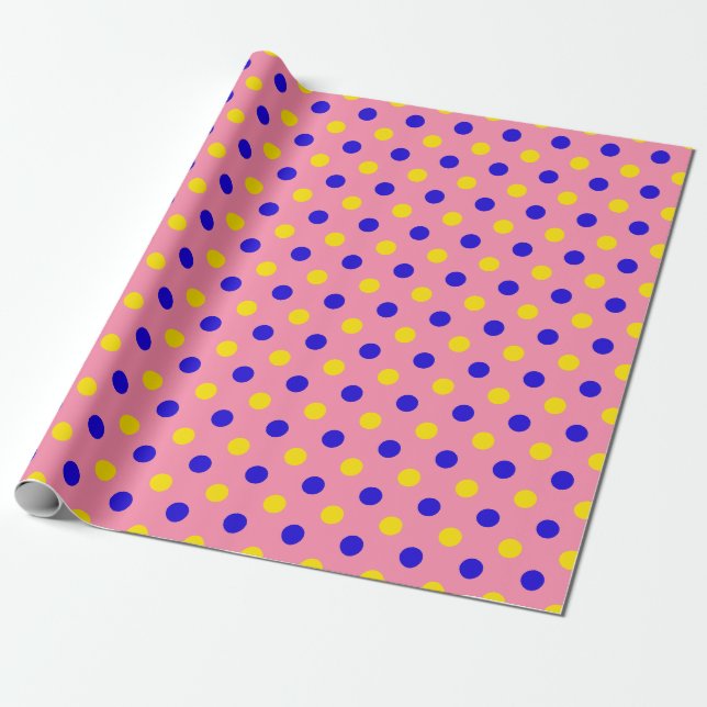 Papel De Presente Design de Pontos Polka Azul Rosa Amarelo  (Desenrolado)