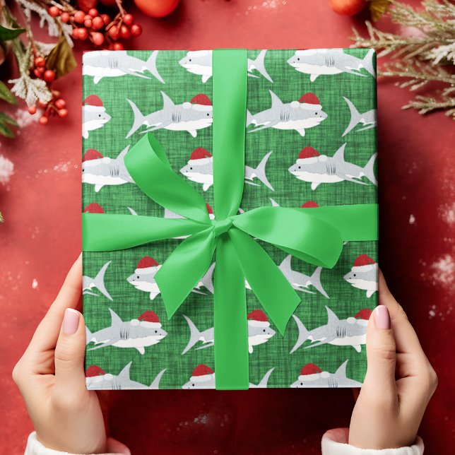 Papel De Presente Design de Santa Hat de Tubarão Verde Cheio (Shark Santa Green Fabric Look Background Wrapping Paper)