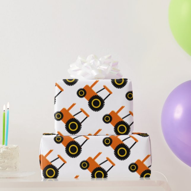 Papel De Presente Design de Trator Laranja (Presentes para festas)