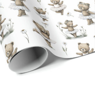 Papel De Presente Design de Urso Bailarina em Aquarela Fofo   Dança 
