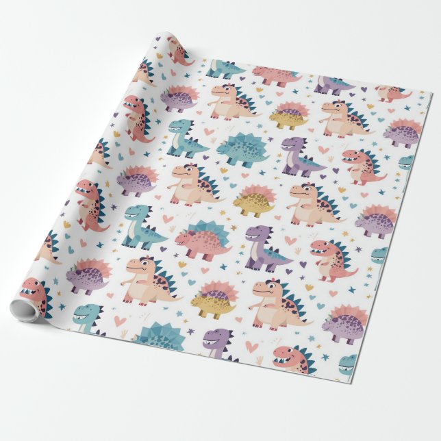 Papel De Presente Design Divertido padrão de dinossauro colorido (Desenrolado)