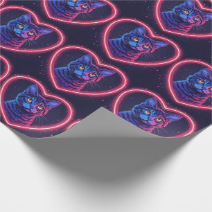 Papel De Presente Design do Coração de Gato Neon - Amor de Gatinho B