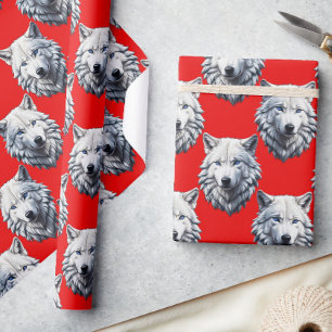 Papel De Presente Design do Padrão da Cabeça do Lobo Branco - Vermel