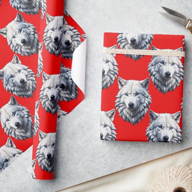 Papel De Presente Design do Padrão da Cabeça do Lobo Branco - Vermel (Criador carregado)