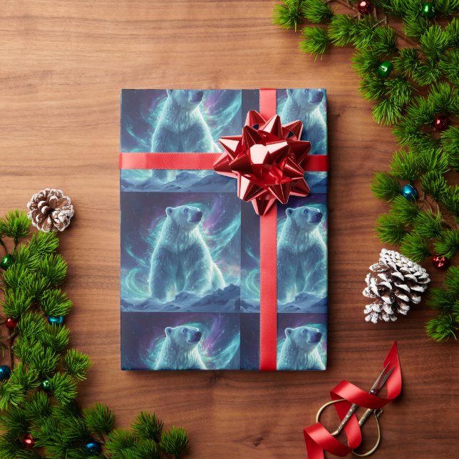 Papel De Presente Design do Urso Polar Majestoso com Luzes Nortes (Presente de Natal)