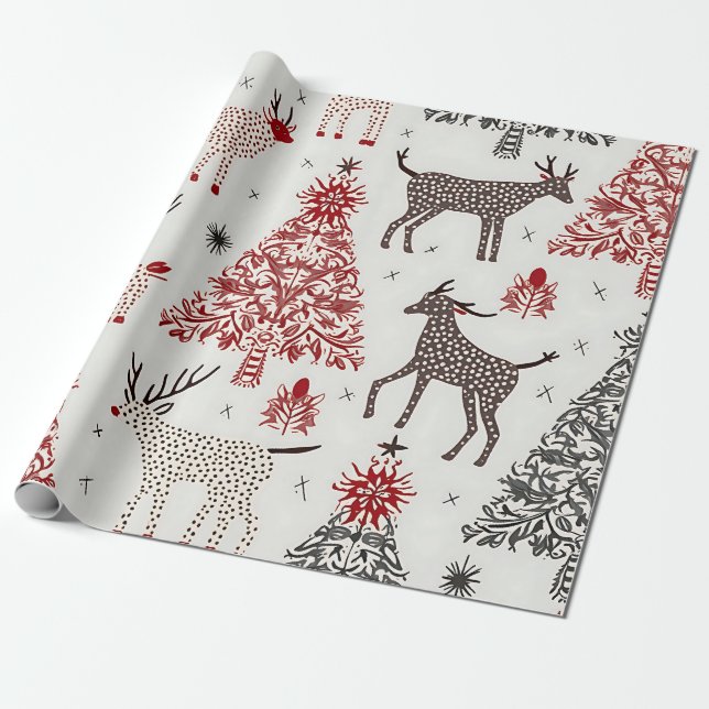 Papel De Presente Design e renas da Árvore de Natal, Papel de Molho (Desenrolado)