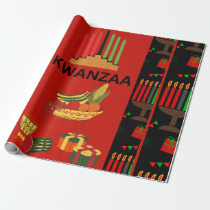Papel De Presente Design Festivo Kwanzaa com Kinara, Frutas e Gi