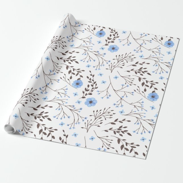 Papel De Presente Design floral em azul e marrom (Desenrolado)