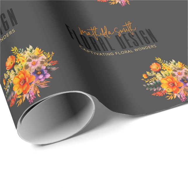 Papel De Presente Design Floral Sofisticado Flores Laranja Preta (Ponta do rolo)