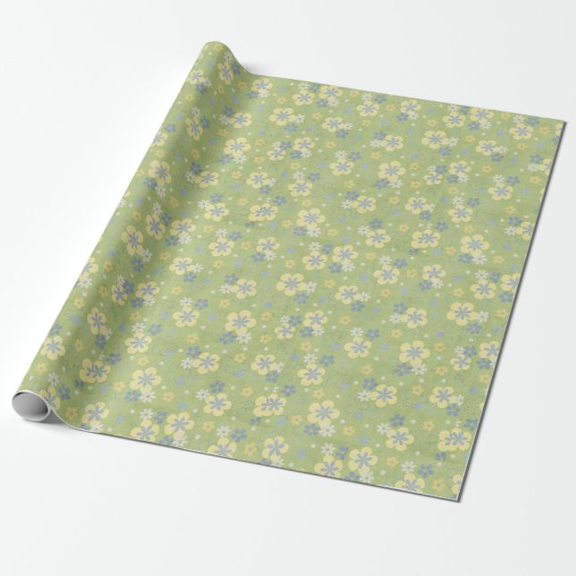 Papel De Presente design floral verde e azul (Desenrolado)