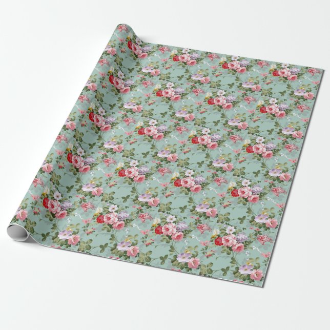 Papel De Presente Design Floral Verde Vintage  (Desenrolado)