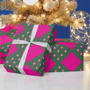 Papel De Presente Design floral vibrante com faixas em negrito