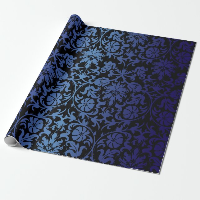 Papel De Presente Design preto | do damasco azul escuro (Desenrolado)