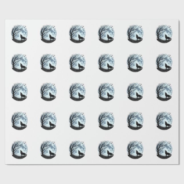 Papel De Presente Design Silhueta da Árvore da Lua Uivando Lobo Vint (Aberto)
