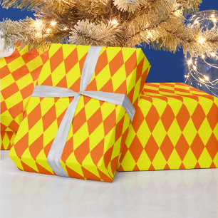 Papel De Presente Design Xadrez Arlequim Amarelo Laranja