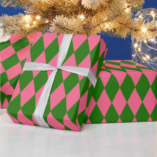 Papel De Presente Design Xadrez Harlequim Rosa Verde