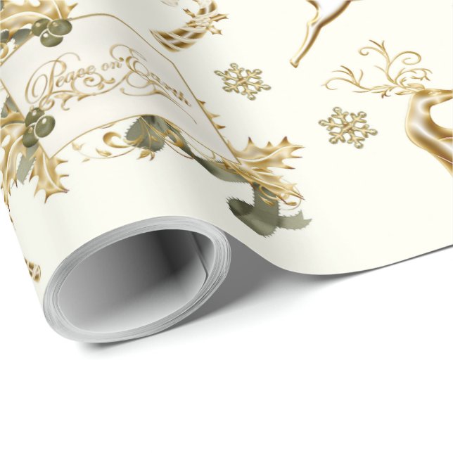 Papel De Presente Designs Douradas De Natal Em Branco (Ponta do rolo)