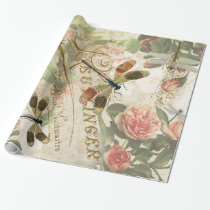 Papel De Presente Desligamento de Rosas e Dragonflies Vintage